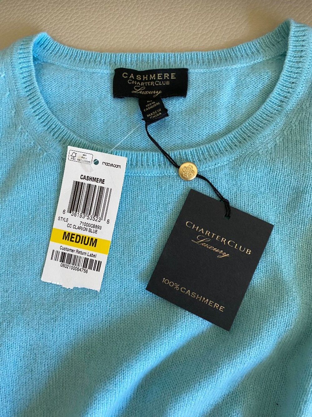NWT Charter Club 100% Cashmere Crewneck Sweater Medium Clarion Blue